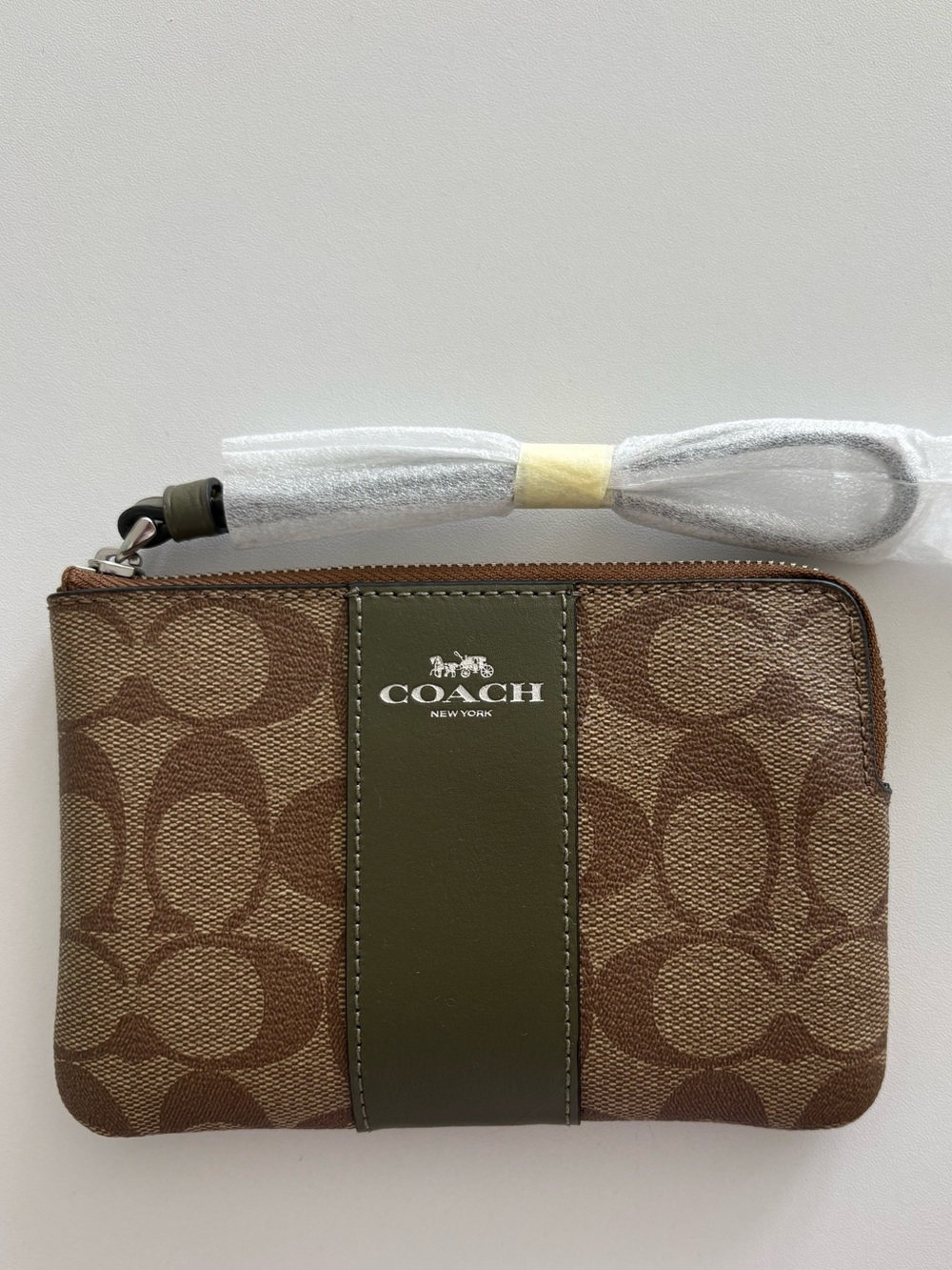 Coach Brown Signature Canvas Wristlet with Olive Stripe
